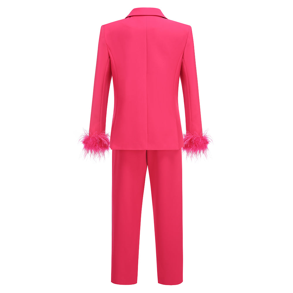 Long Sleeve Feather Detail Suit Hot Pink HV1267