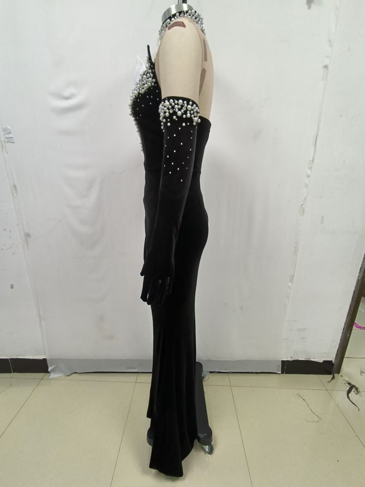 Strapless Sequin Bustier Maxi Velvet Dress Black HV1979