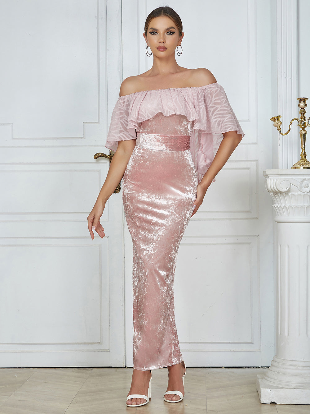 Ruffle Off Shoulder Maxi Velvet Dress Pink HV9754