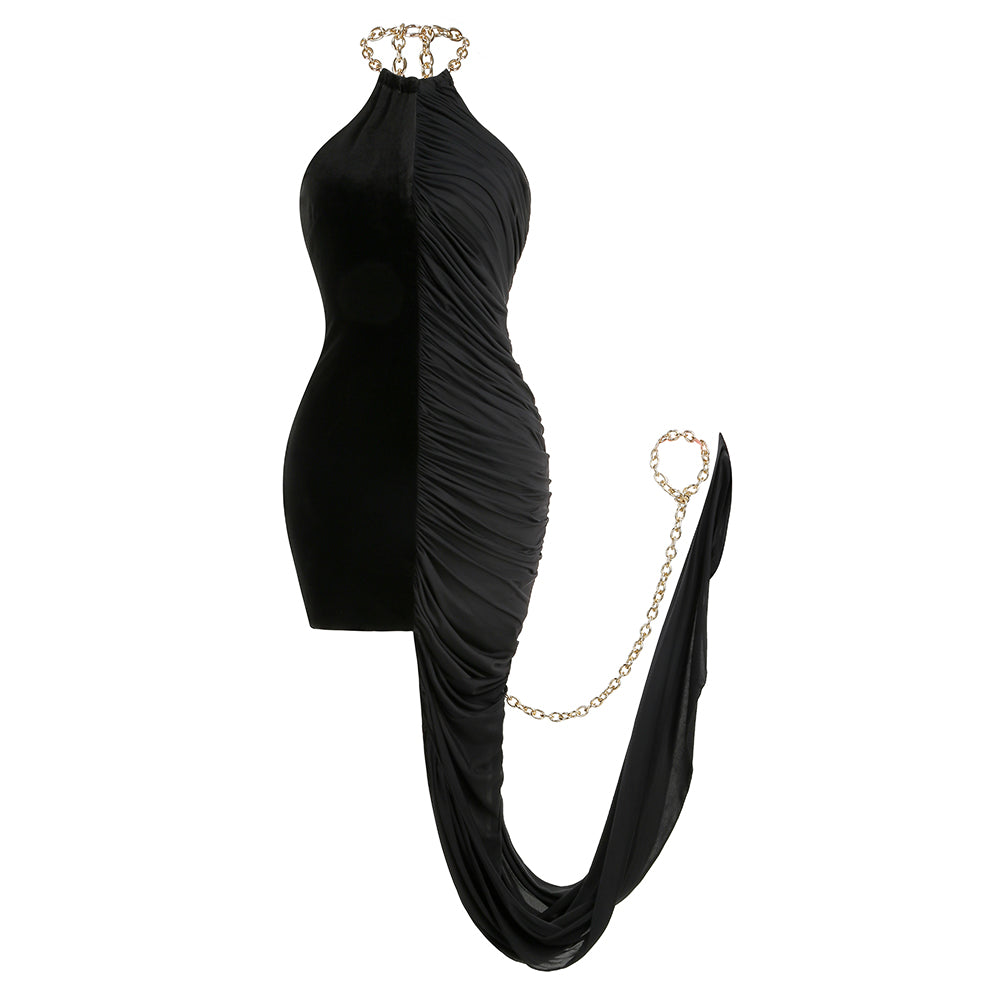 Halter Chain Detail Ruched Velvet Dress Black HV1615