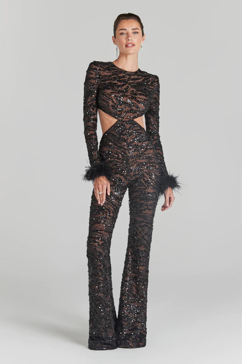 Long Sleeve Feather Sequin Jumpsuit Black HV9961