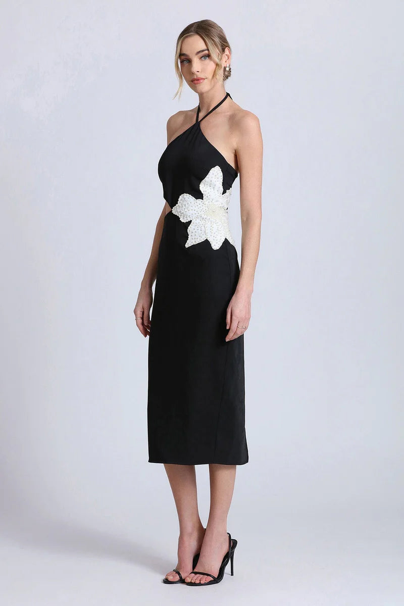 Halter Pearl Flower Midi Dress Black White HV1492