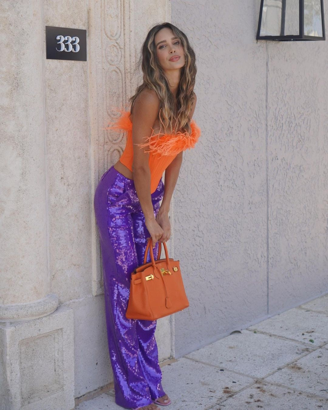 Strapless Feather Two Piece Jumpsuit Orange Purple HV9937