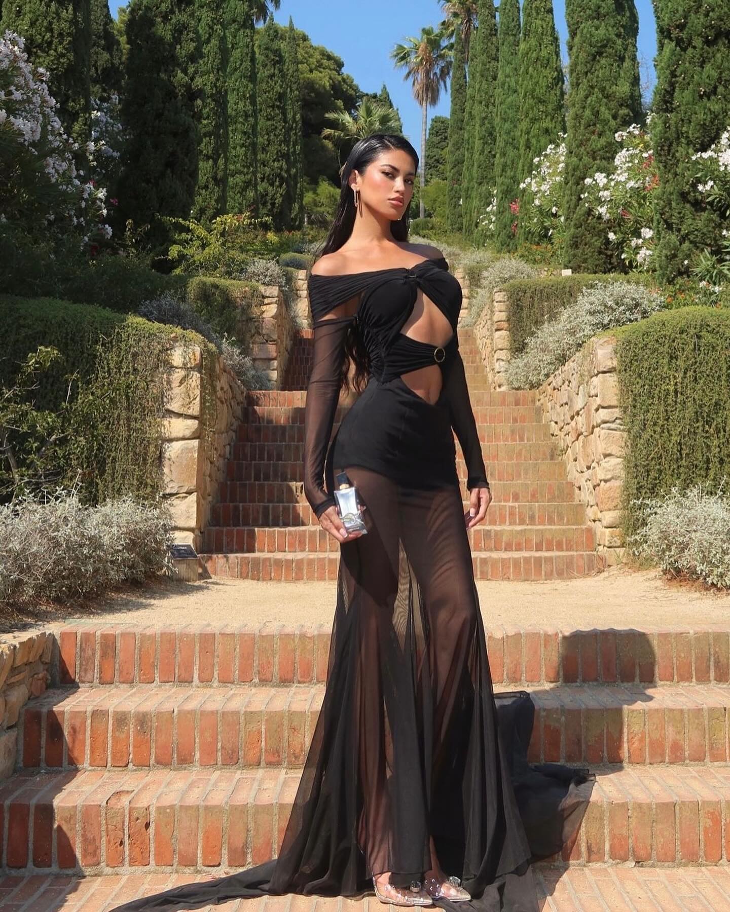 Long Sleeve Bardot Draped Mesh Maxi Dress Black HV1647