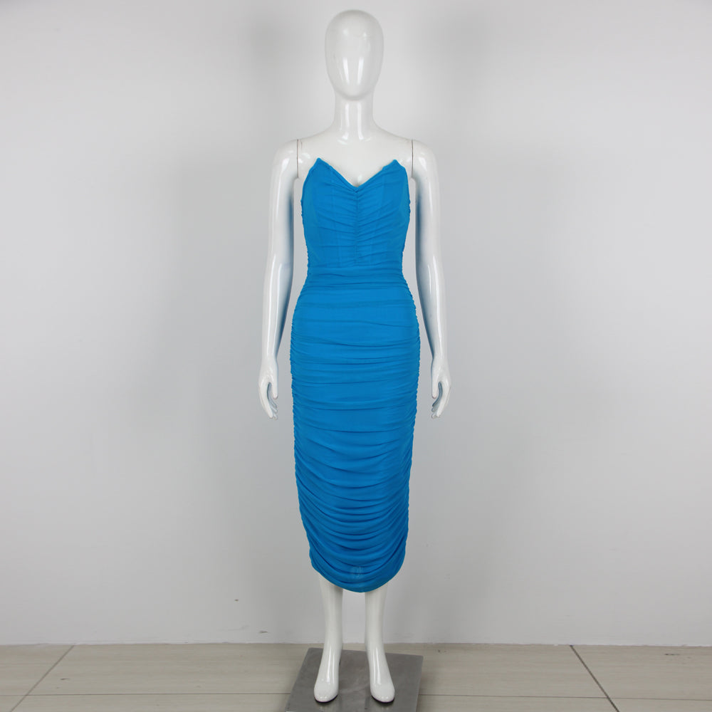 Strapless Ruched Midi Dress Blue HV9364