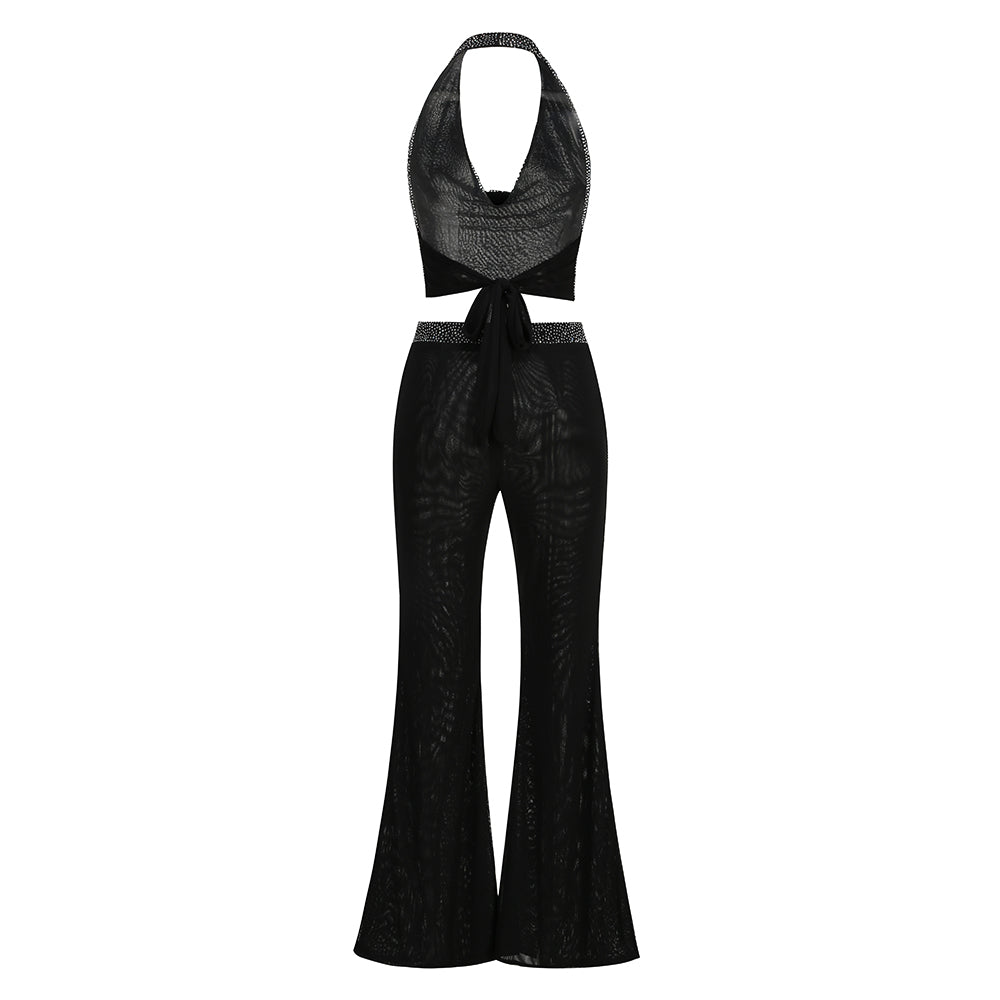 Halter Sparkly Two Piece Jumpsuit Silver HV3203