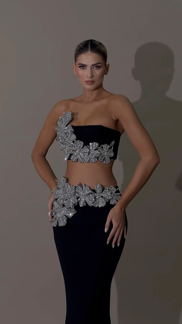 Strapless Sequin Floral Maxi Velvet Dress Black HV1696