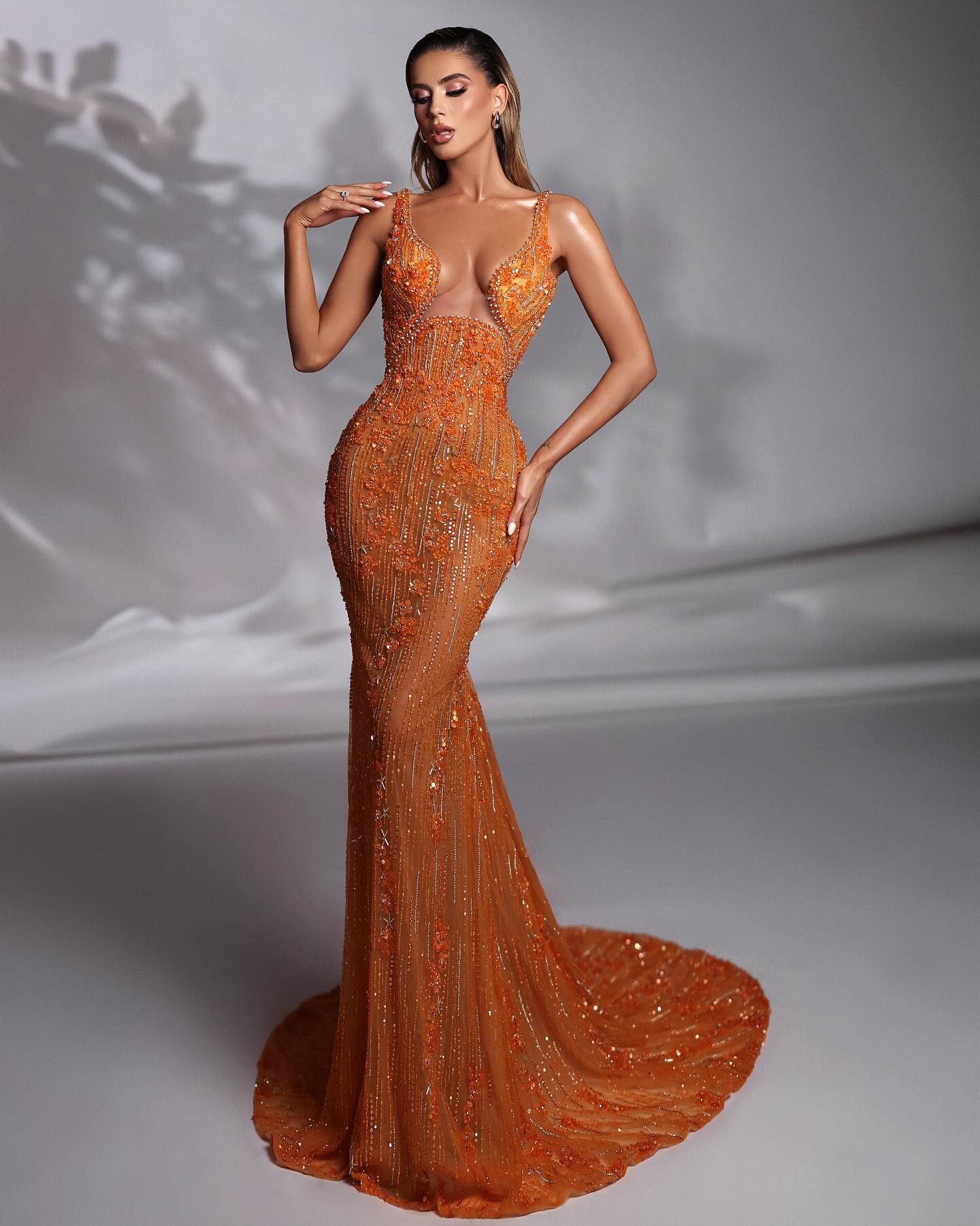 Floral Sequin Mesh Maxi Dress Orange HV2132