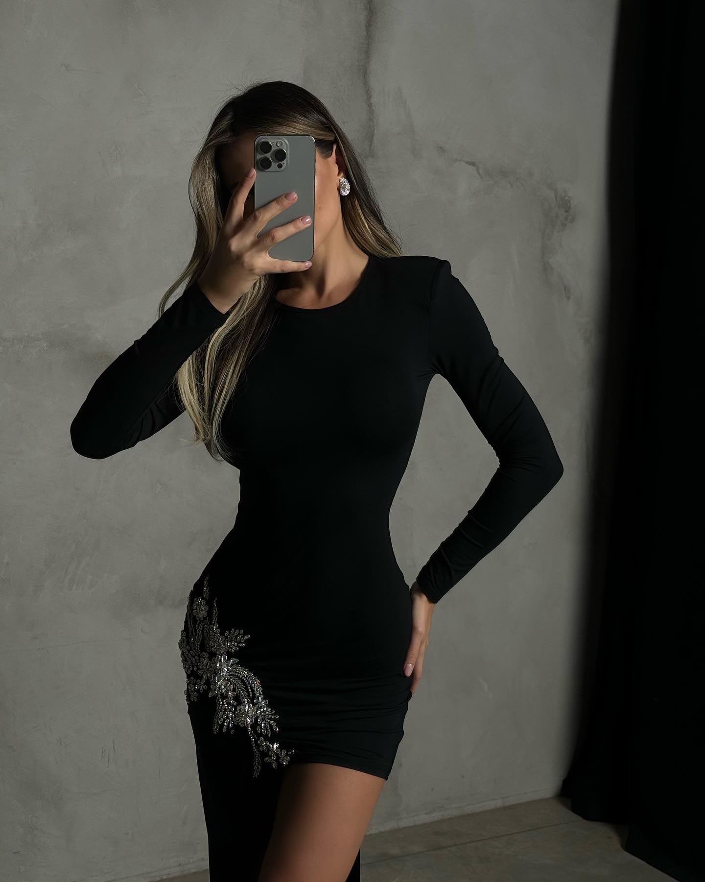 Long Sleeve Crystal Detail Draped Dress Black HV2036
