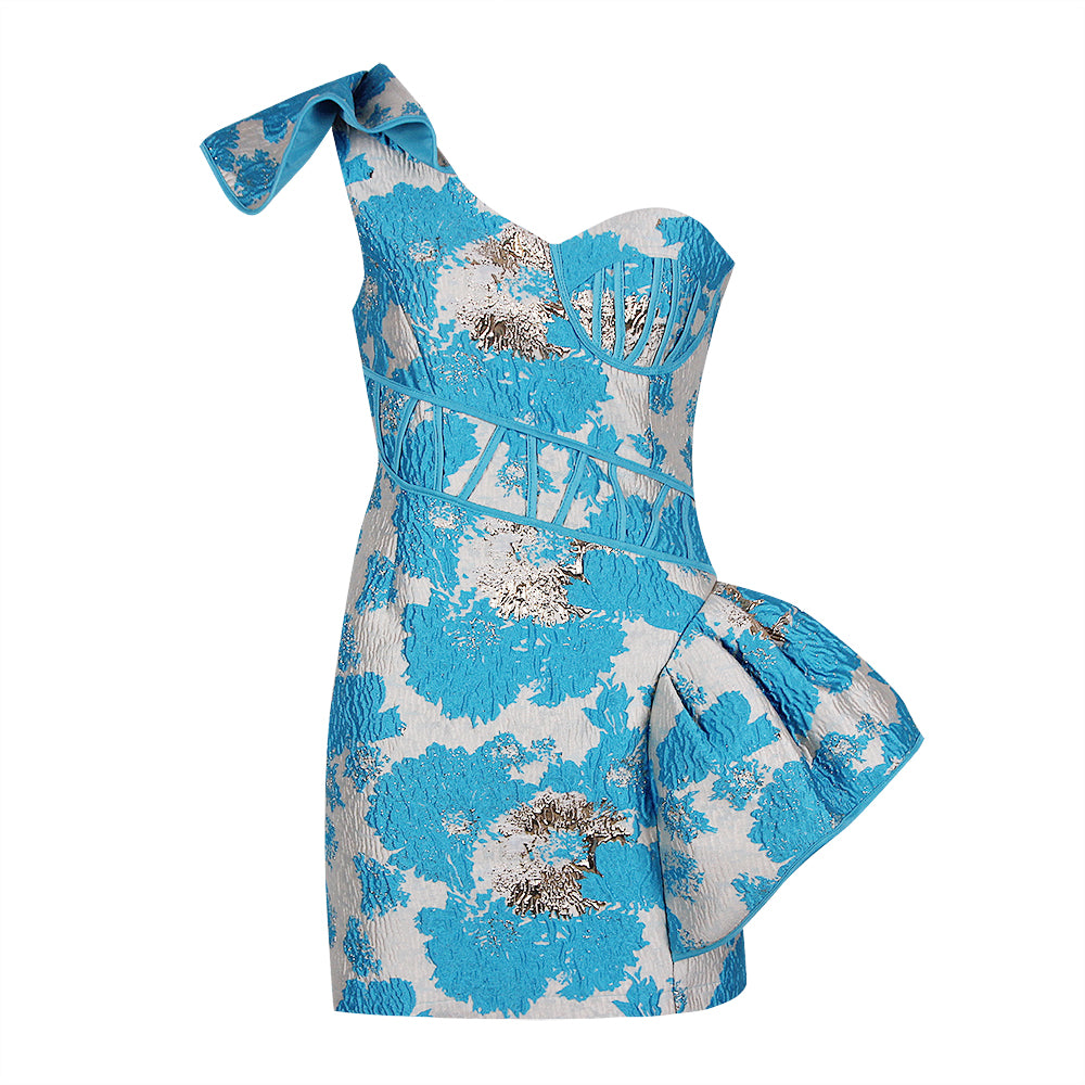 Ruffle One Sleeve Corset Dress Blue HV8486