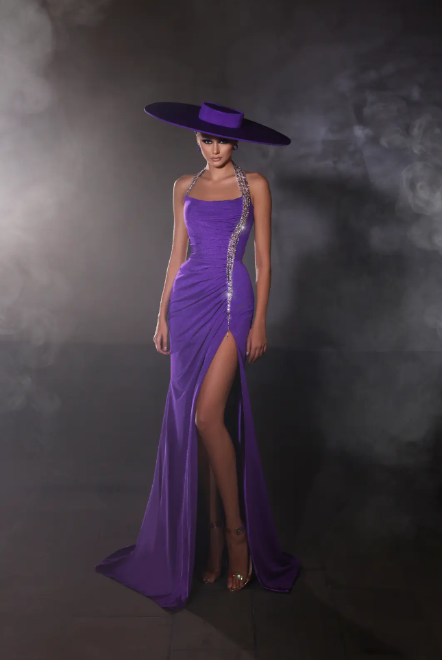 Halter Crystal Ruched Maxi Dress Purple HV1788