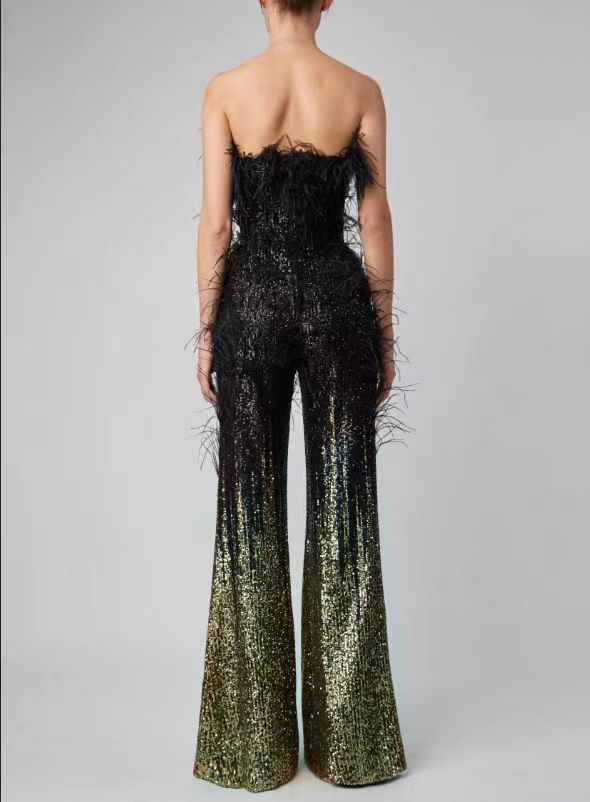 Strapless Feather Sequin Jumpsuit