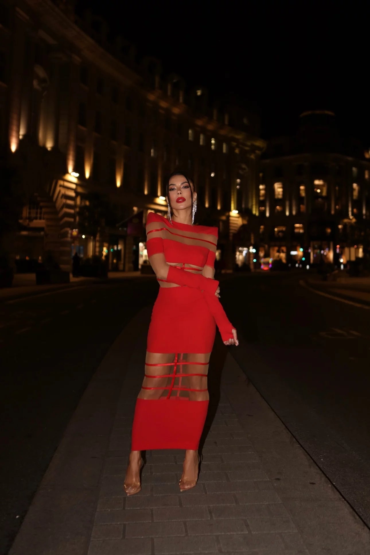 Long Sleeve Mesh Insert Midi Dress HV1502