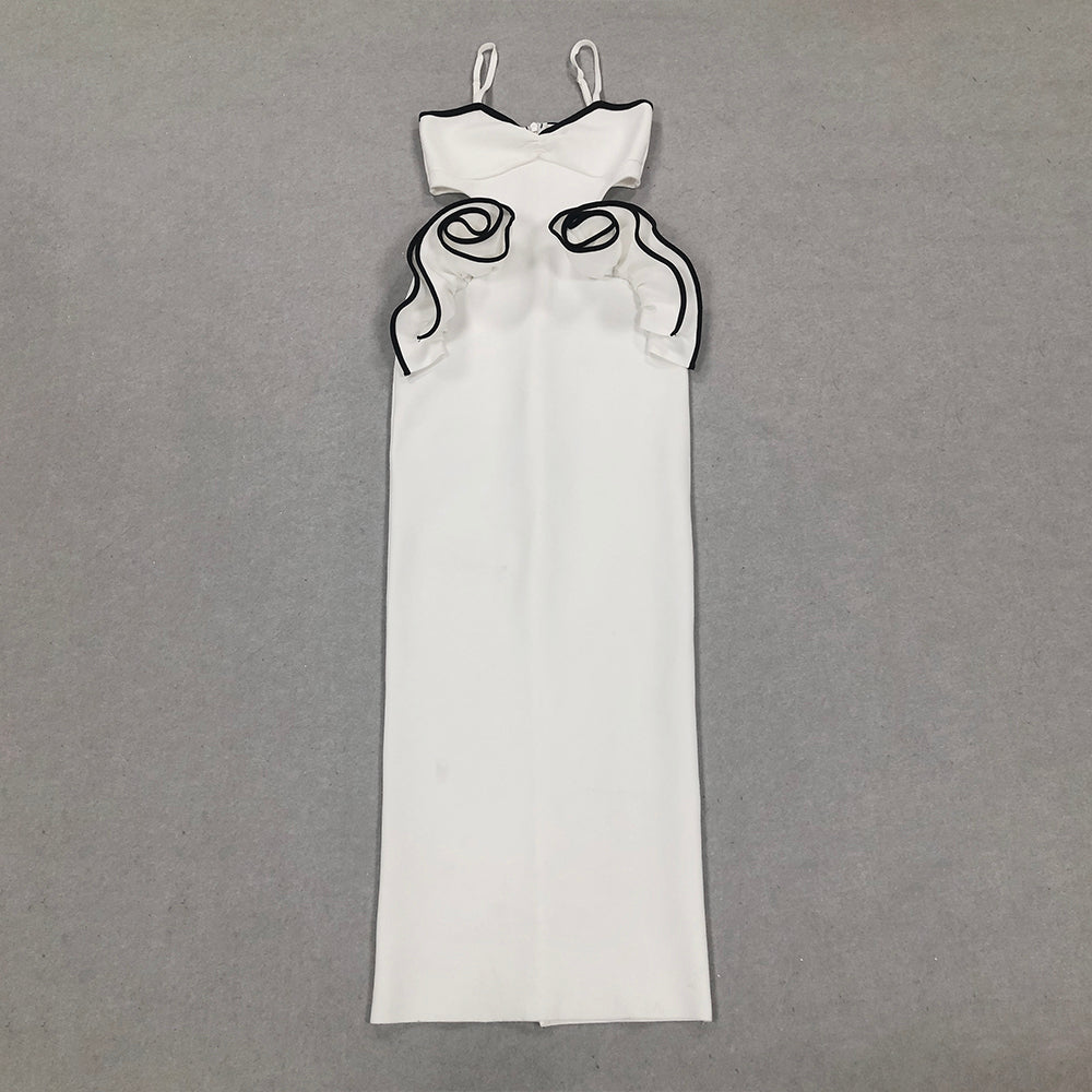 Ruffle Detail Maxi Dress White Black HV1531