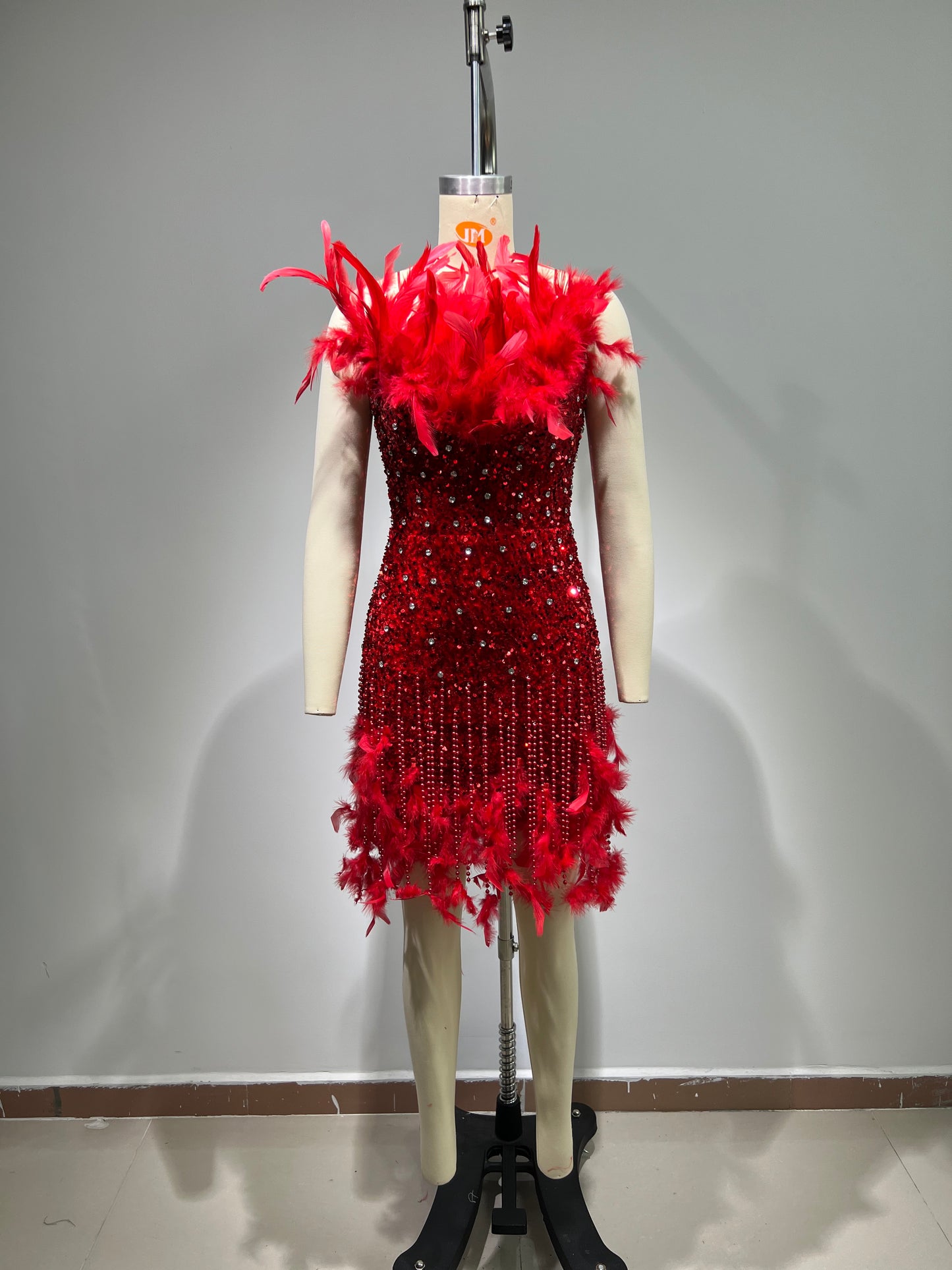 Strapless Feather Crystal Sequin Dress Red HV1296