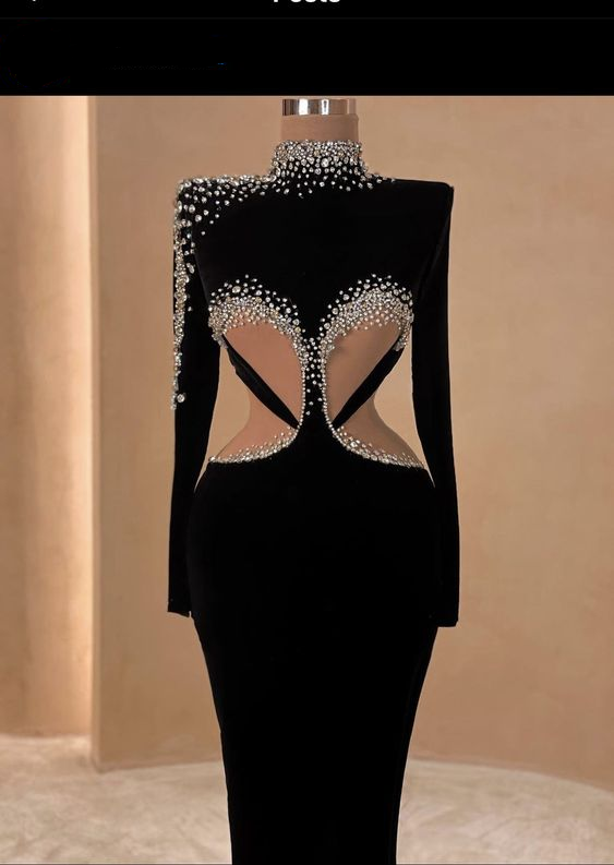 Long Sleeve Pearl Mesh Maxi Dress Black