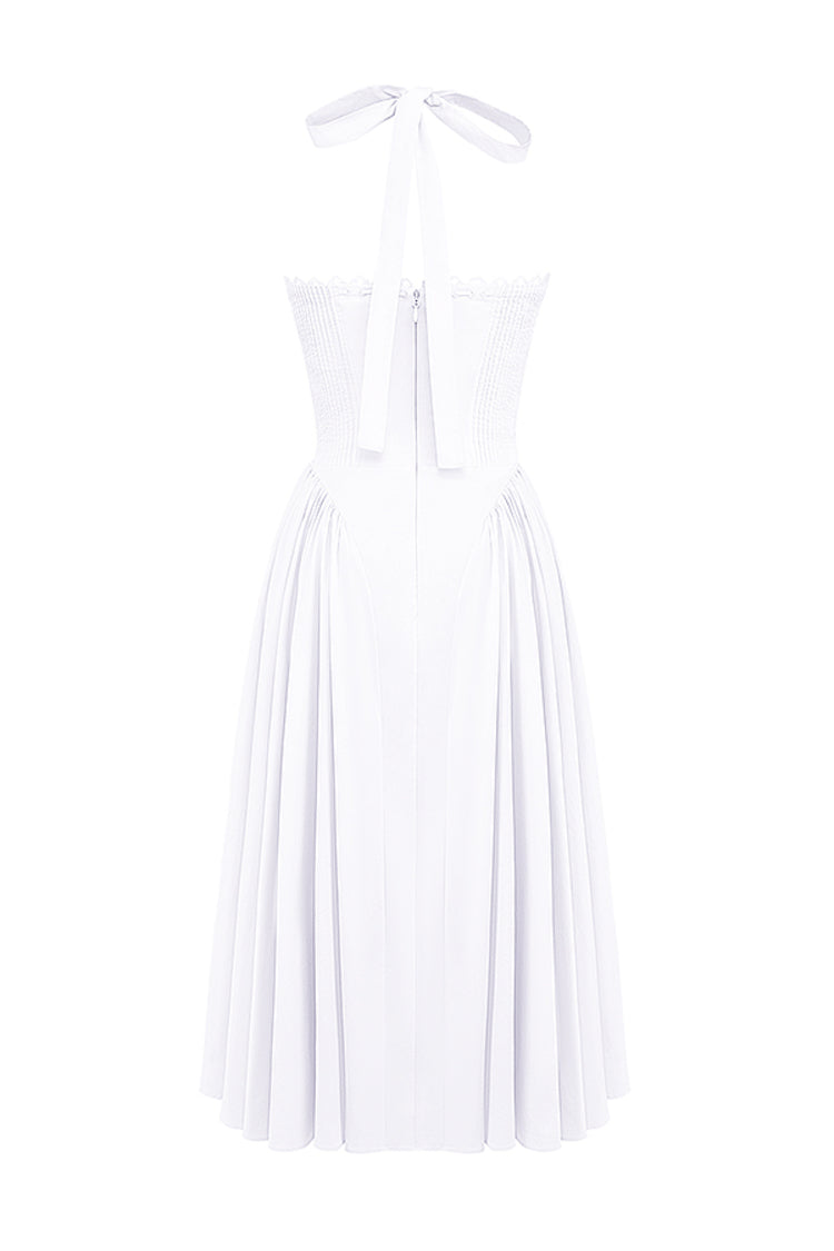 Halter Lace Bustier A Line Midi Dress White HV1290