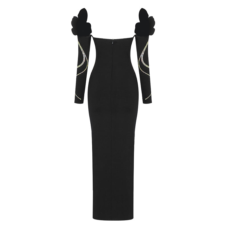 Long Sleeve Flower Detail Maxi Dress Black HV8207