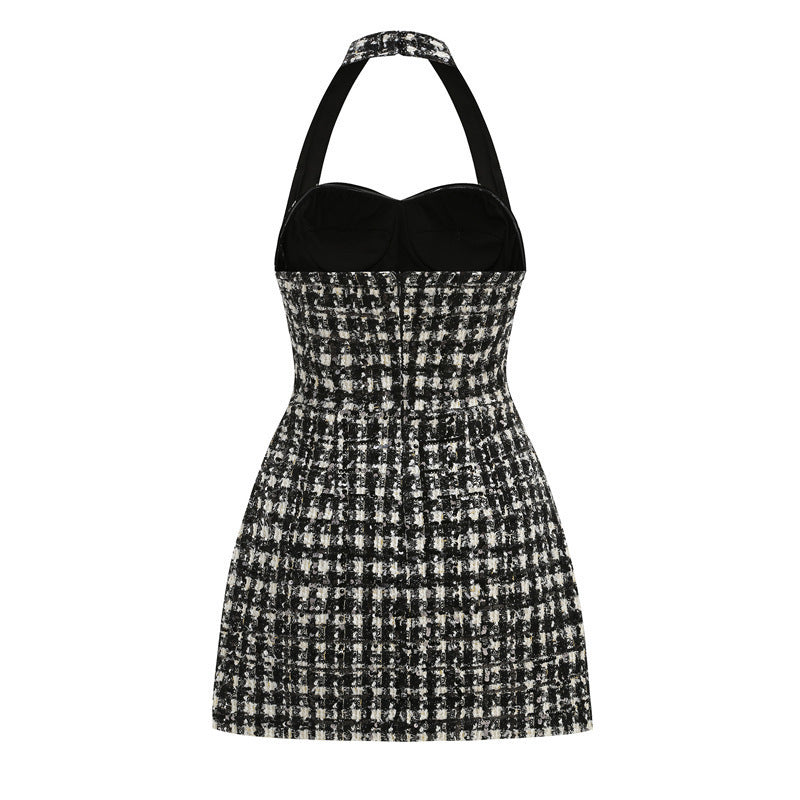 Halter Houndstooth Dress Black White HV2807