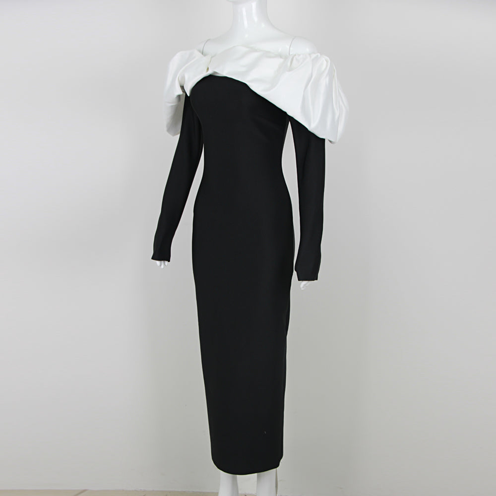 Long Sleeve Puff Bardot Midi Dress Black White HV1803