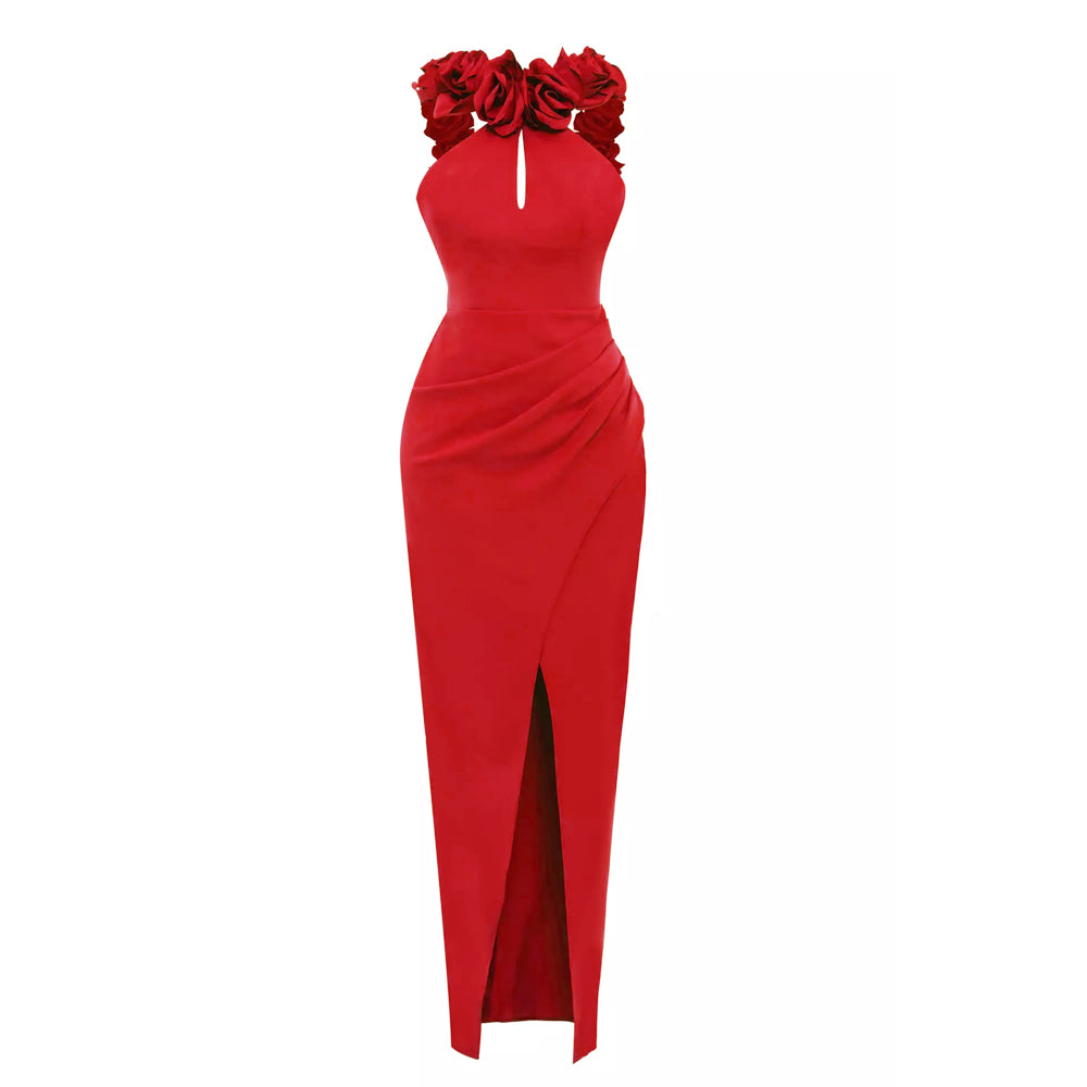 Halter Floral Backless Maxi Dress Red HV1733