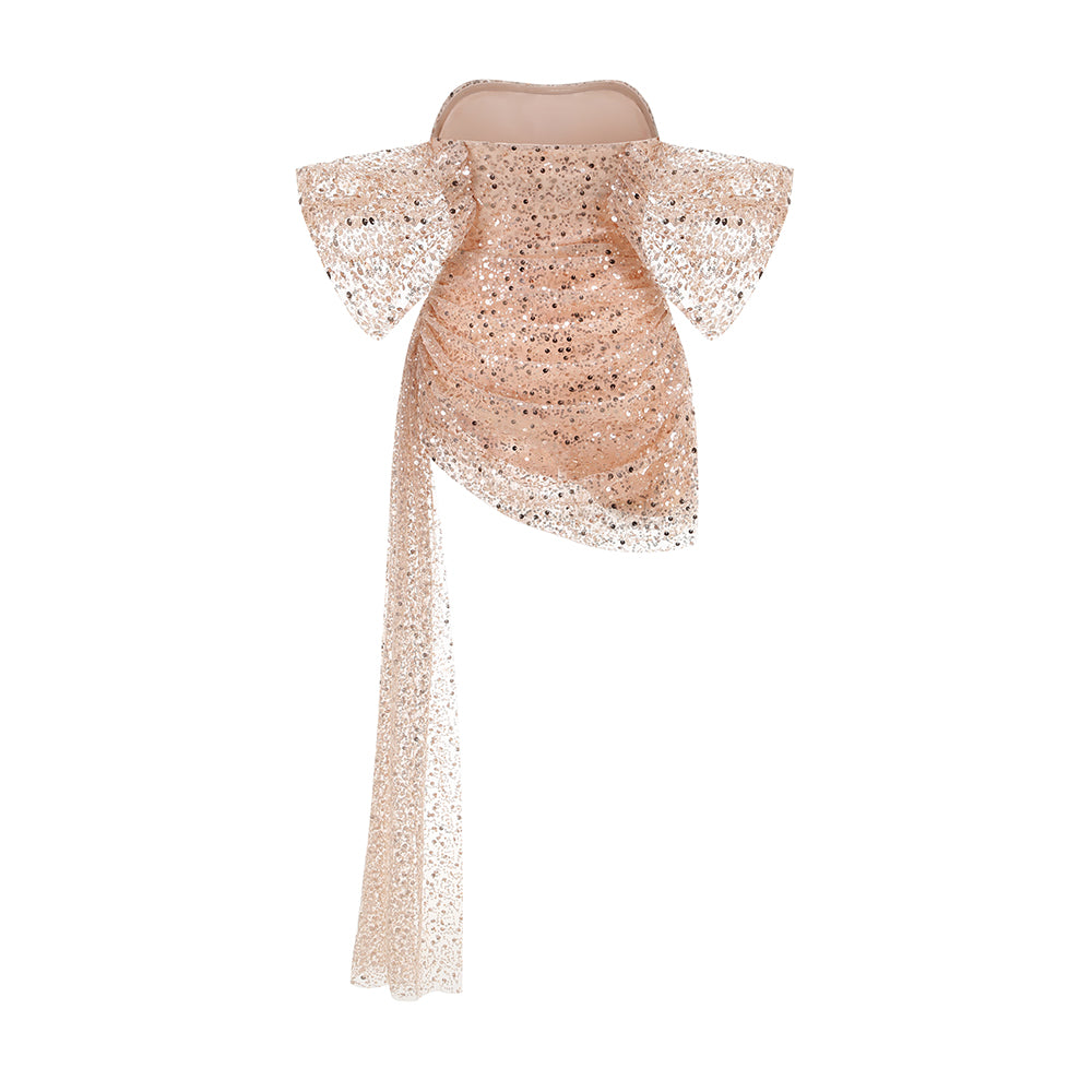 Sequin Draped Bardot Dress Rose Gold HV1789
