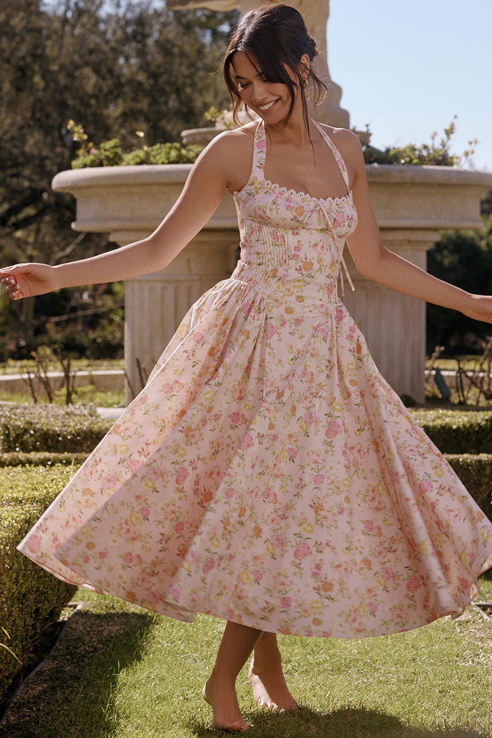 Halter Lace Bustier A Line Midi Dress Floral Pink HV1289