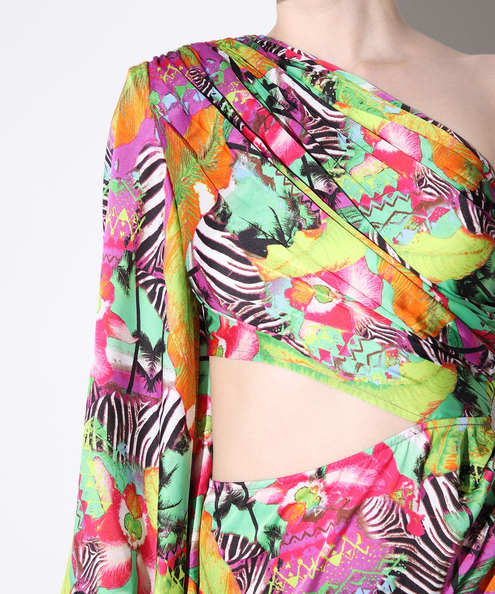 One Sleeve Floral Ruffle Maxi Dress Hot Pink Lime HV1389