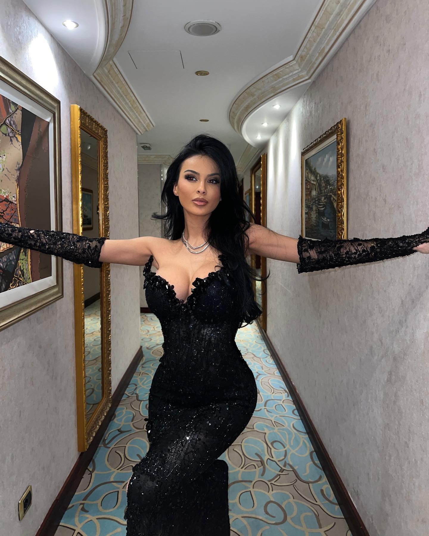 Strapless Crystal Bustier Sequin Maxi Dress Black HV1464