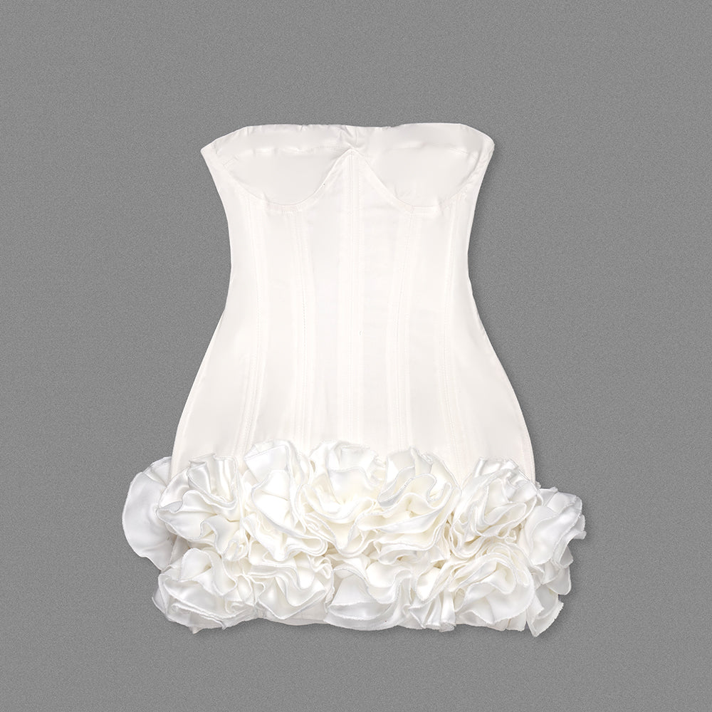 Strapless Corset Floral Ruffle Dress White HV1645