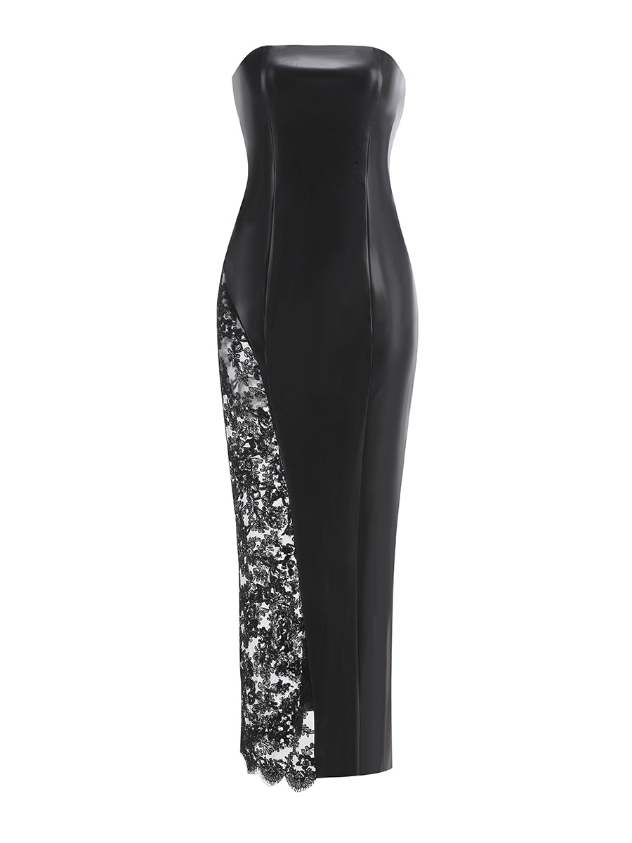 Strapless Sequin Lace Maxi Faux Leather Dress Black