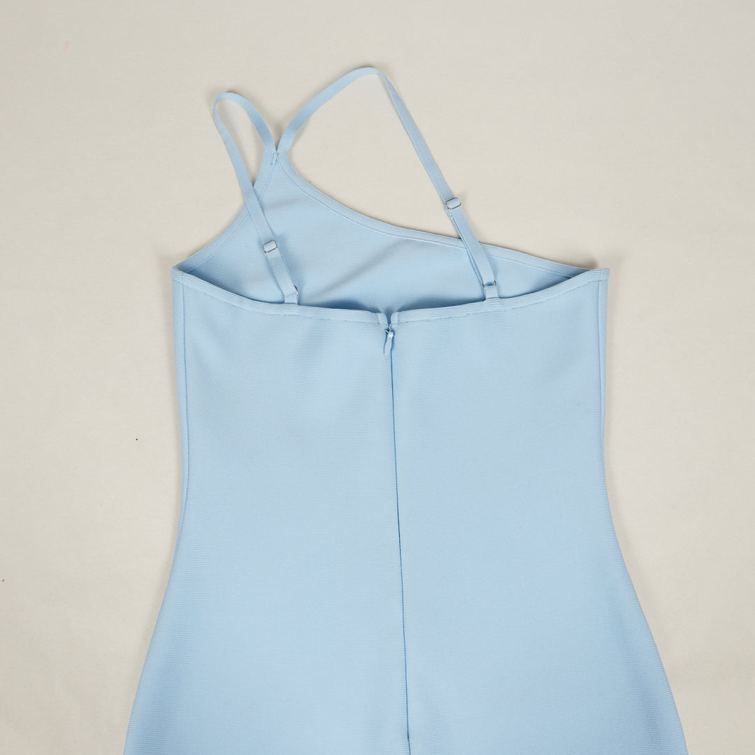 One Shoulder Feather Detail Midi Dress Blue