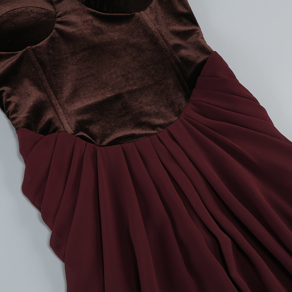 Velvet Bustier Draped Maxi Dress Brown HV2136
