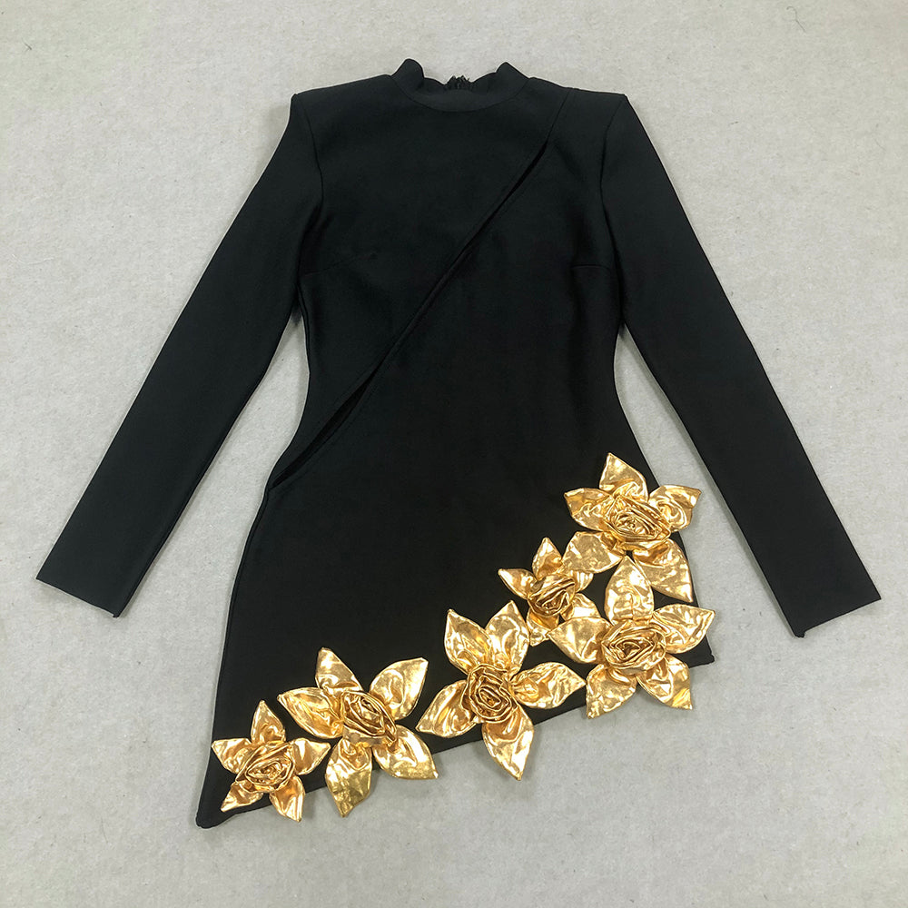Long Sleeve Gold Flowers Cut Out Dress Black HV1425