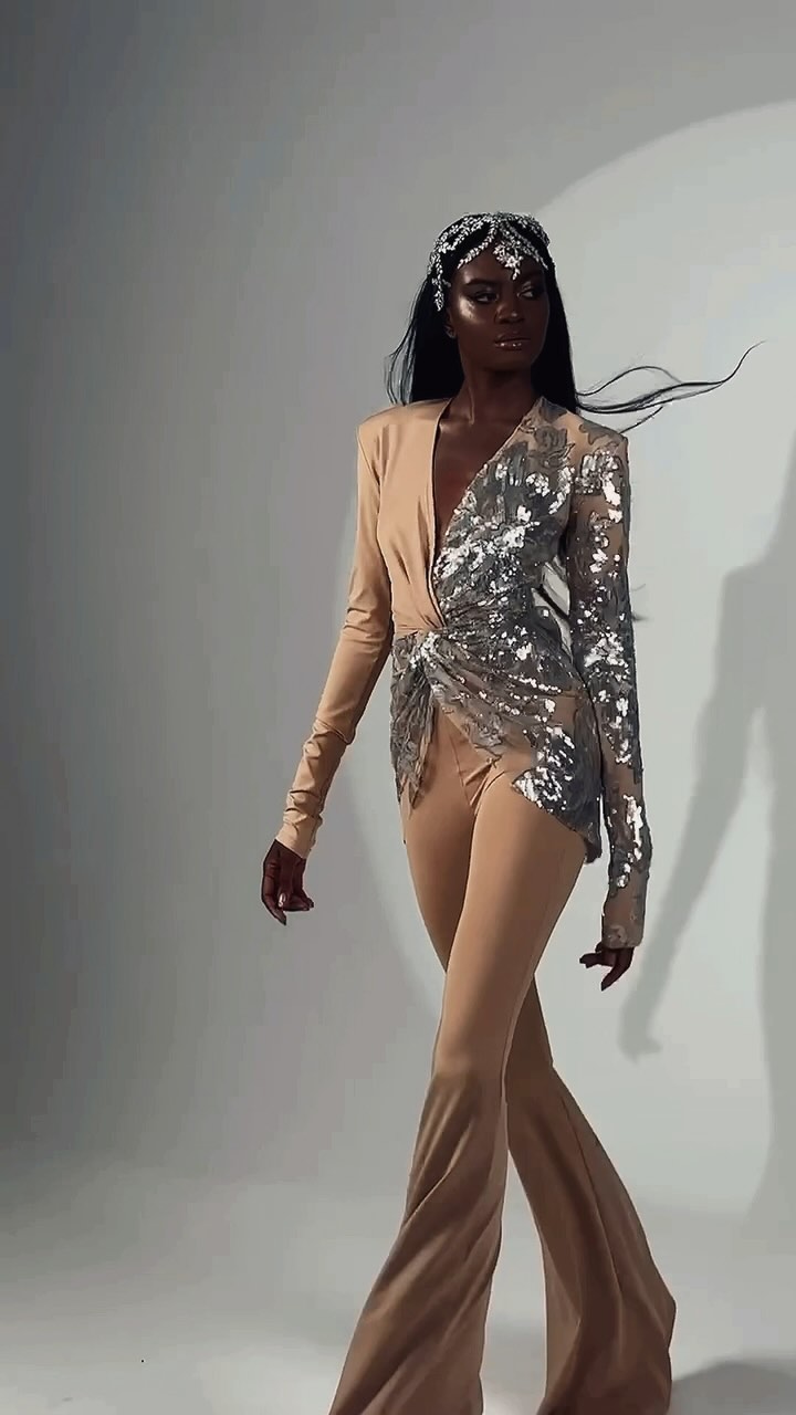 Long Sleeve Sequin Jumpsuit Sand Silver HV2059