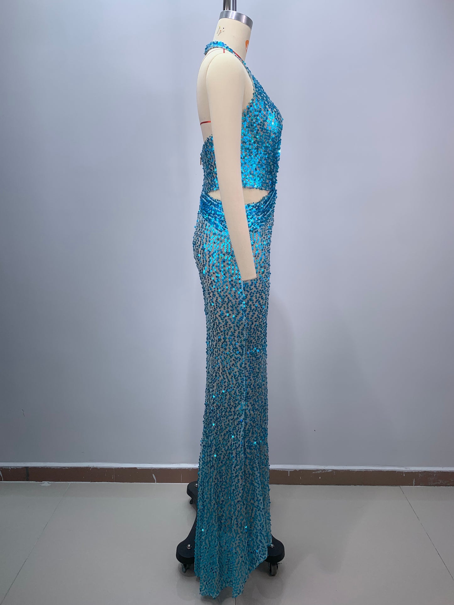 Halter Sequin Maxi Dress Turquoise HV1539