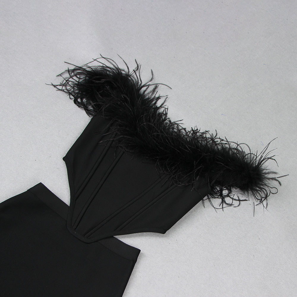 Feather Off Shoulder Mermaid Maxi Dress Black HV9955