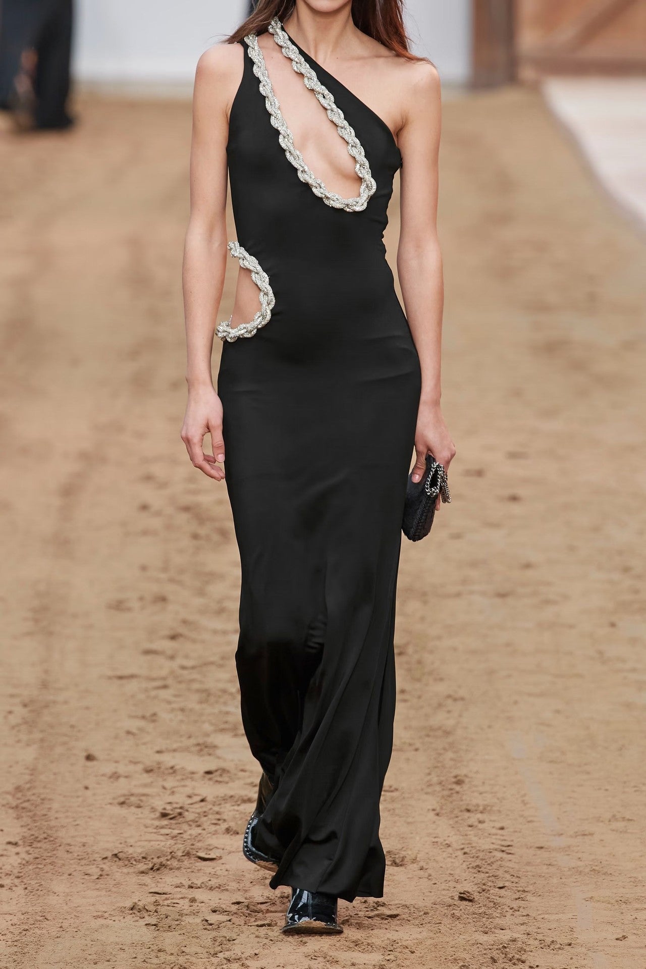 One Shoulder Crystal Chain Detail Maxi Dress Black HV3317