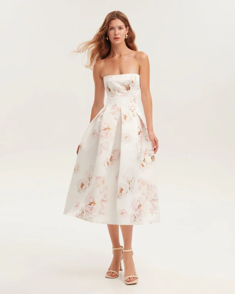 Strapless Floral Corset A Line Midi Dress