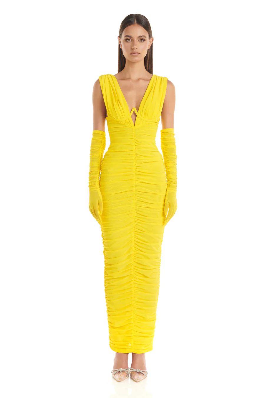 Plunge V Neck Ruched Maxi Dress Yellow HV9828