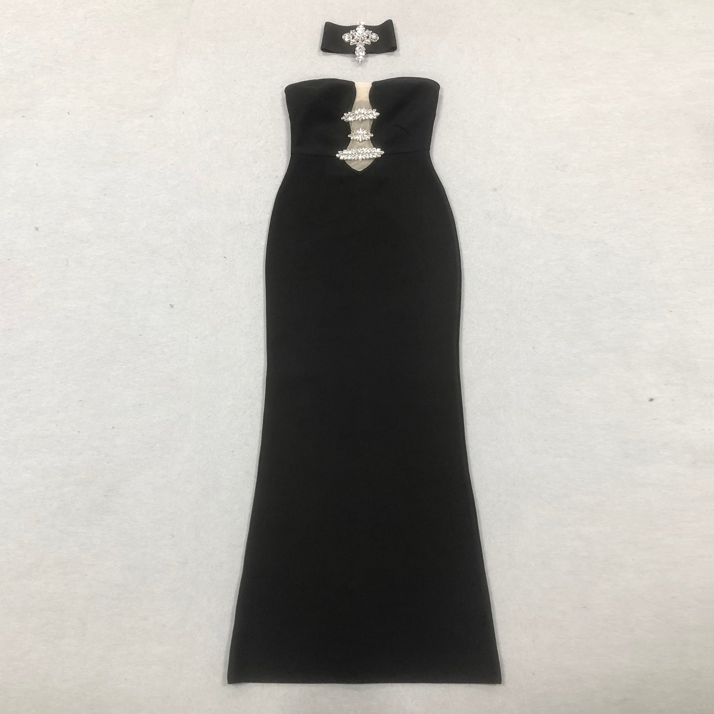 Strapless Crystal Choker Maxi Dress Black