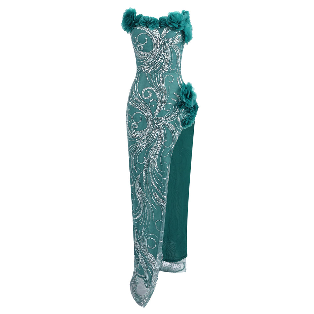 Floral Strapless Sequin Maxi Dress Green HV2080