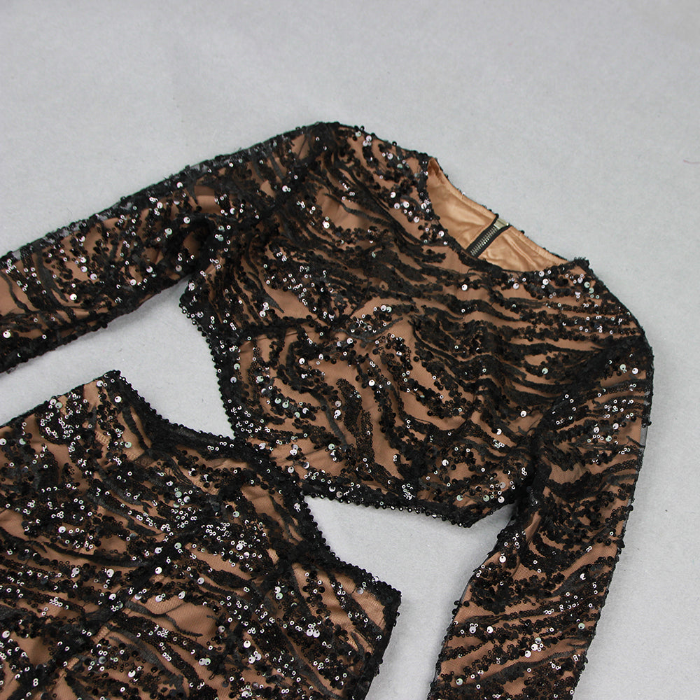 Long Sleeve Feather Sequin Jumpsuit Black HV9961