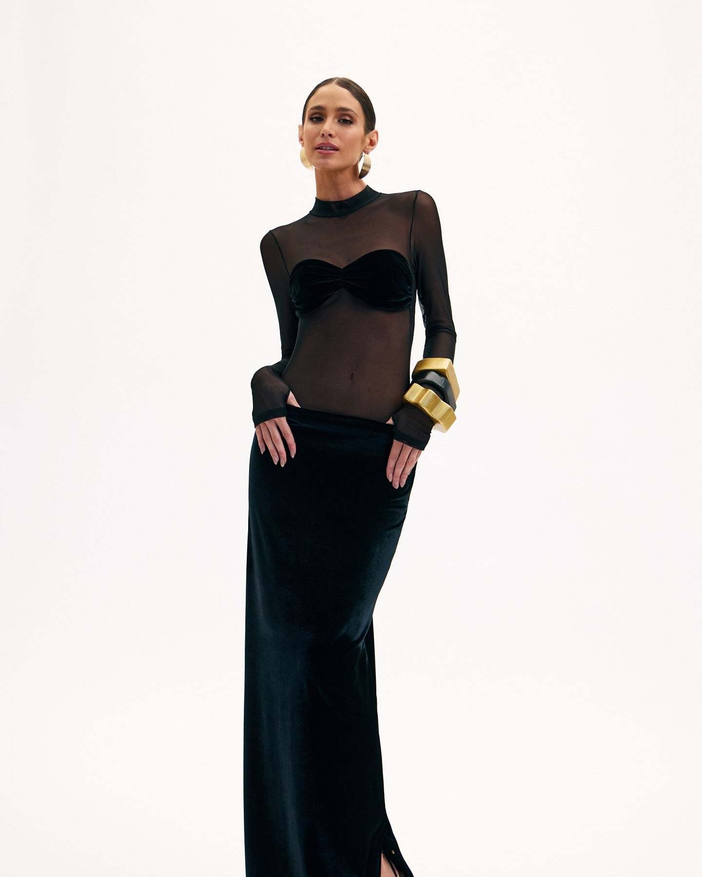Long Sleeve Bustier Mesh Maxi Dress Black HV1537