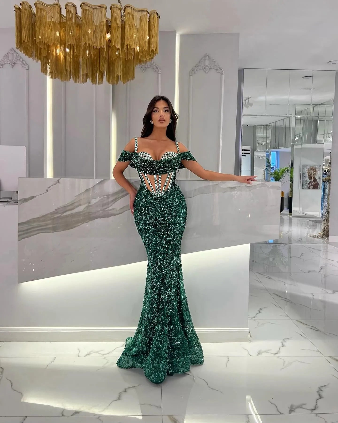 Crystal Corset Sequin Maxi Dress Green HV2002