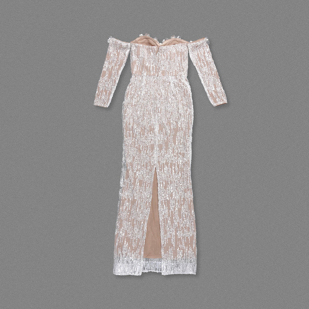 Long Sleeve Bardot Maxi Dress Nude HV2134