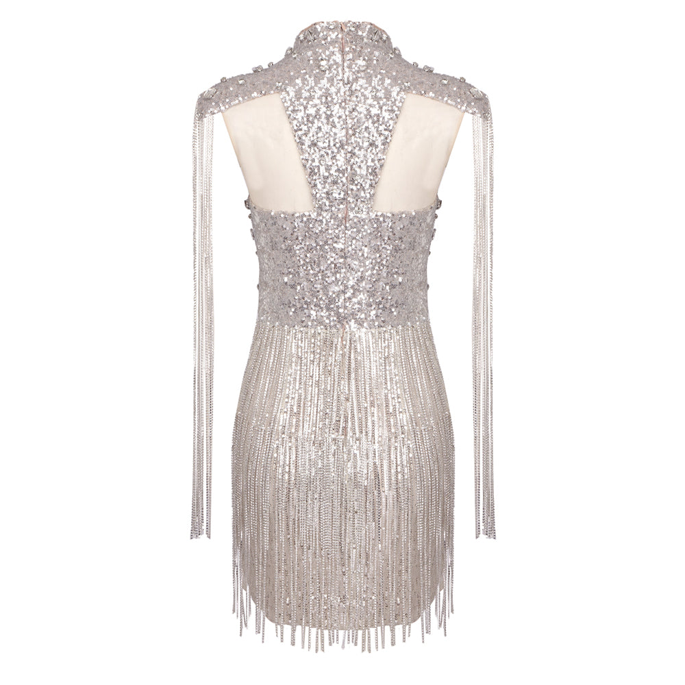 Crystal Sequin Tassel Dress Rose Silver HV1402
