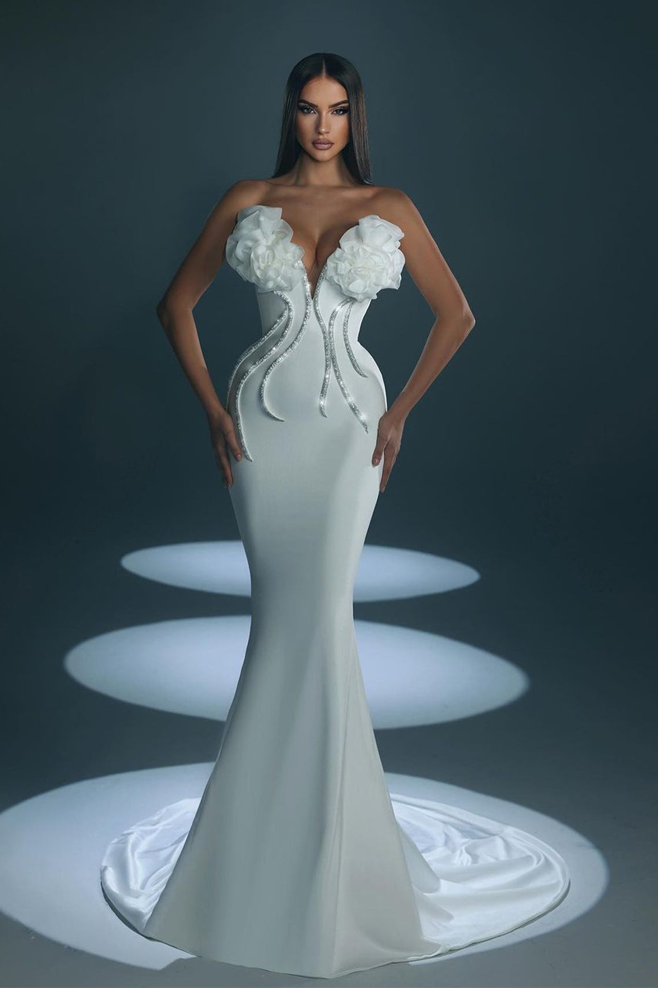 Strapless Flower Detail Crystal Mermaid Maxi Dress HV1269