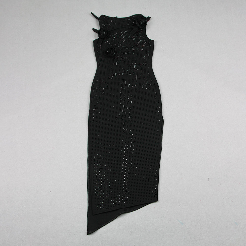 Flower Detail Sparkly Midi Dress Black HV7879