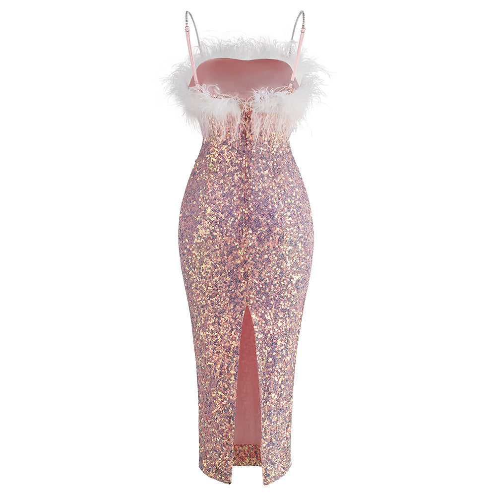 Feather Detail Sequin Midi Dress Pink White